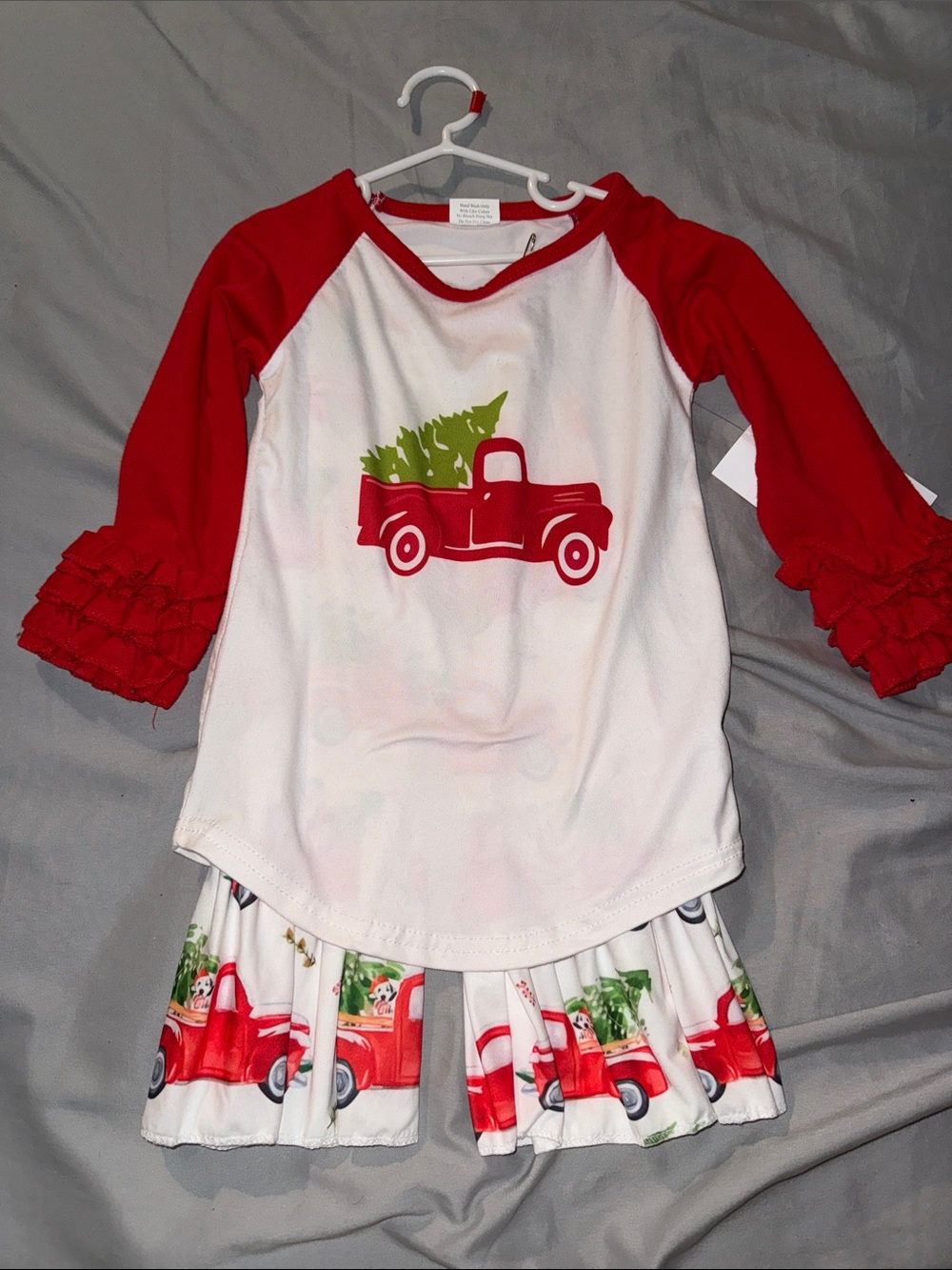Girls Red & White Christmas Truck Ruffle Sleeve Top and pants Set